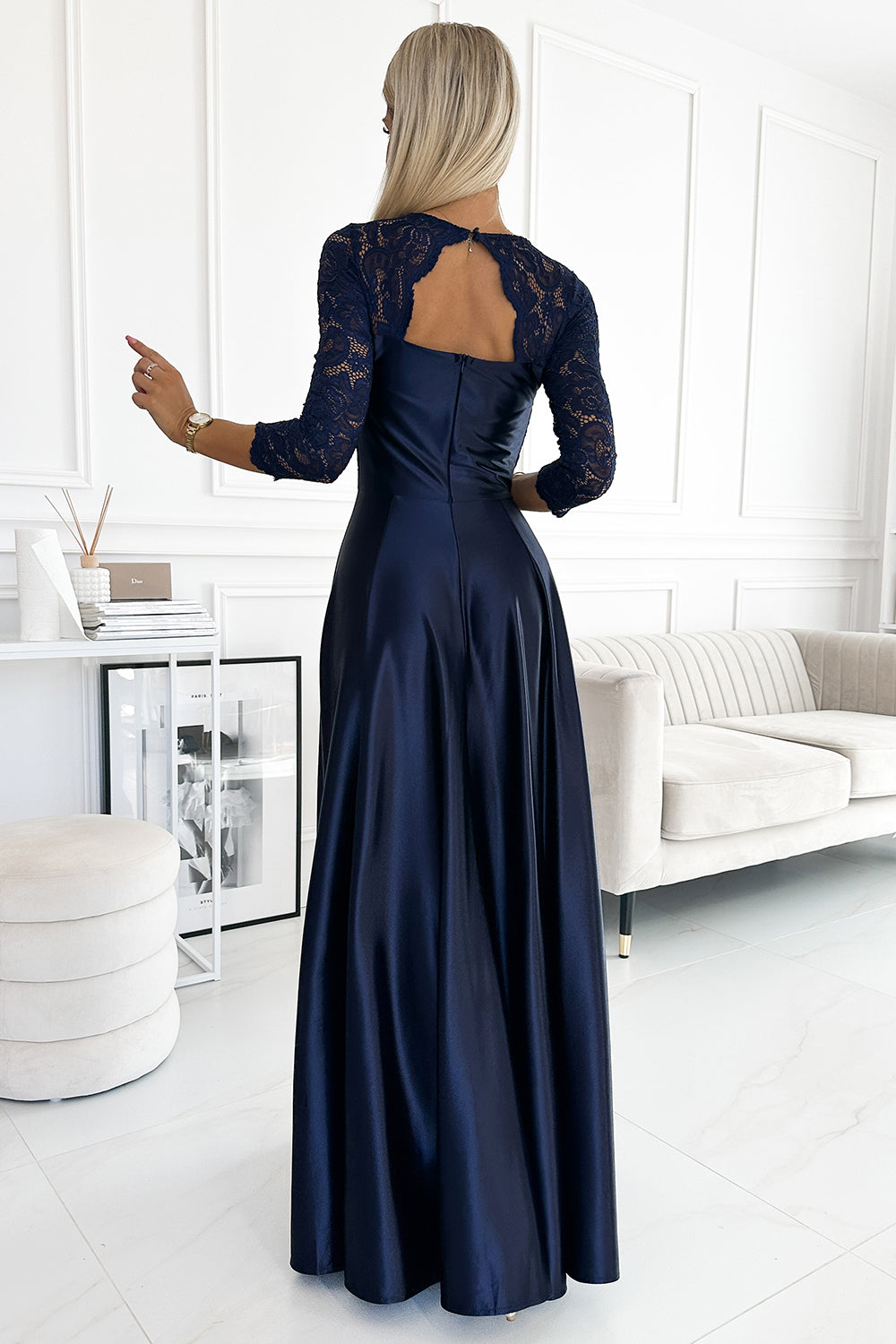 309-7 AMBER lace long satin dress with a neckline - dark blue