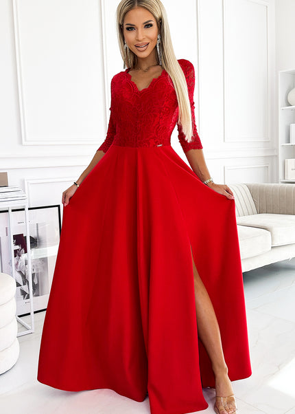 309-8 AMBER lace, elegant long dress with a neckline and leg slit - red