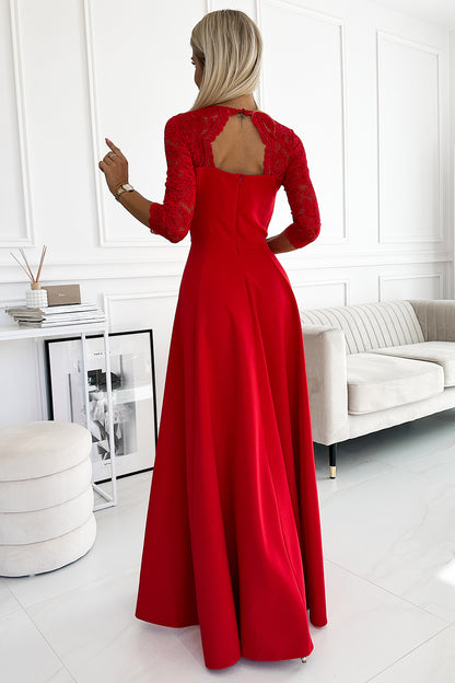 309-8 AMBER lace, elegant long dress with a neckline and leg slit - red