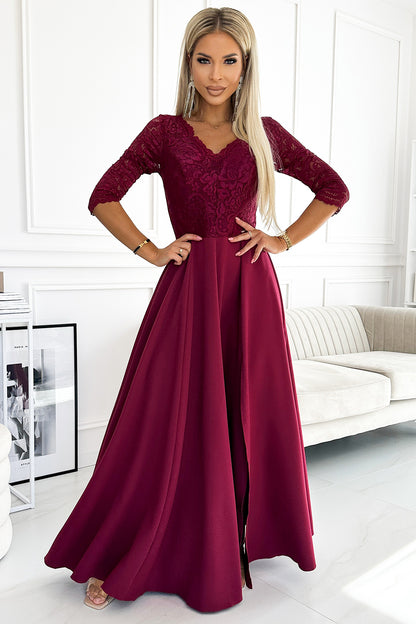 309-9 AMBER elegant long maxi dress with lace neckline - burgundy