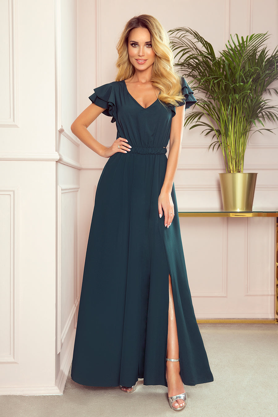 310-1 LIDIA long dress with neckline and frills - green