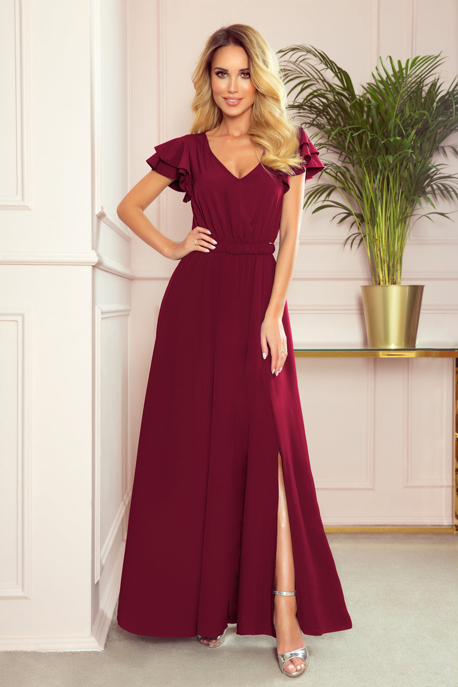 310-5 LIDIA long dress with a neckline and frills - burgundy color