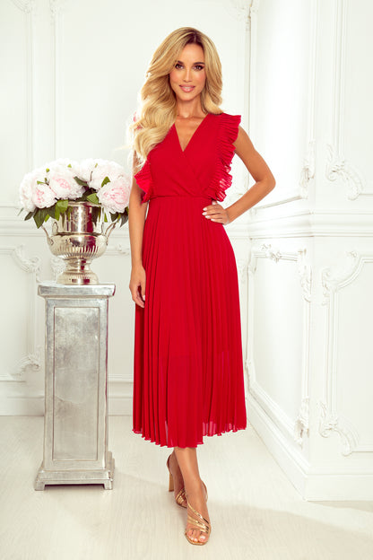 315-3 EMILY Pleated dress with frills and neckline - red