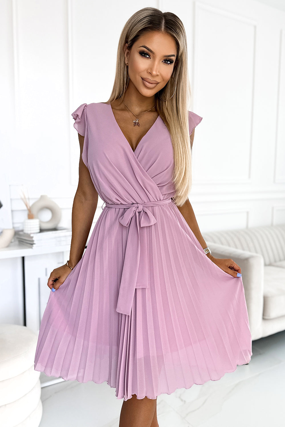 374-3 POLINA Pleated dress with a neckline and frills - dirty pink