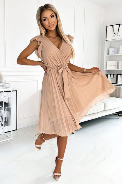 374-5 POLINA Pleated dress with a neckline and frills - beige