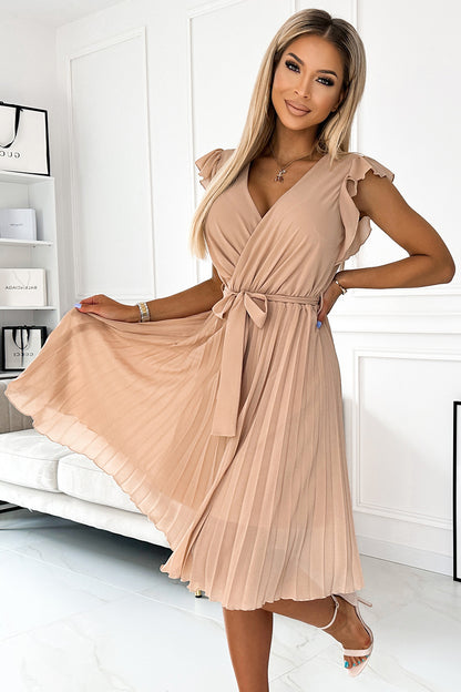 374-5 POLINA Pleated dress with a neckline and frills - beige