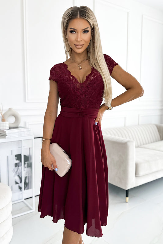 381-5 LINDA - chiffon dress with lace neckline - Burgundy color