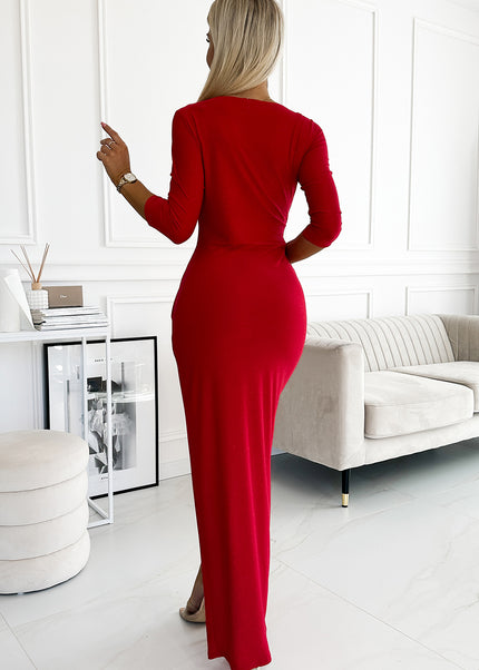 404-7 Shiny dress with a neckline and a slit on the leg - red color