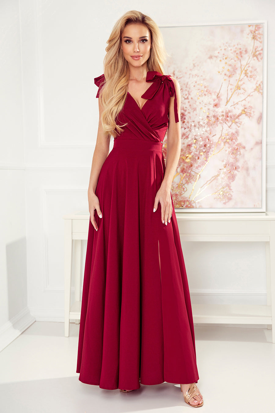 405-1 ELENA Long dress with a neckline and ties on the shoulders - Burgundy color