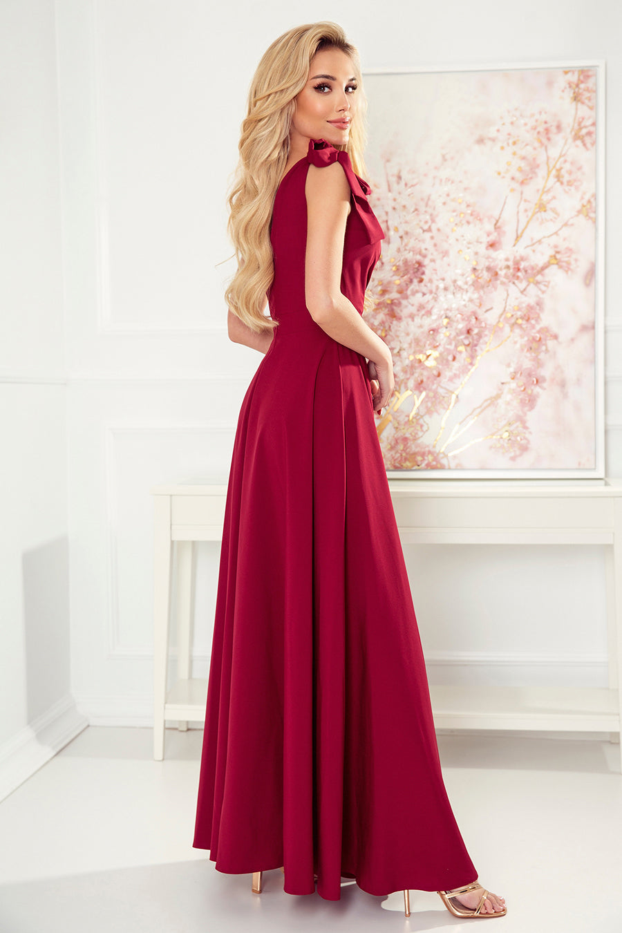 405-1 ELENA Long dress with a neckline and ties on the shoulders - Burgundy color