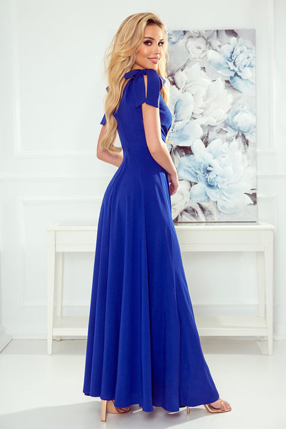 405-2 ELENA Long dress with a neckline and ties on the shoulders - blue