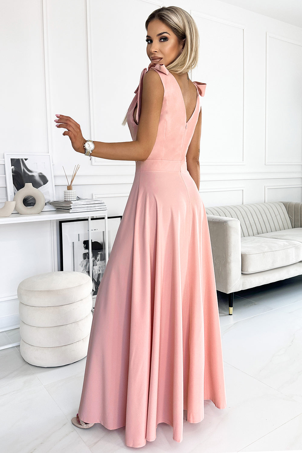 405-3 ELENA Long dress with a neckline and ties on the shoulders - dirty pink