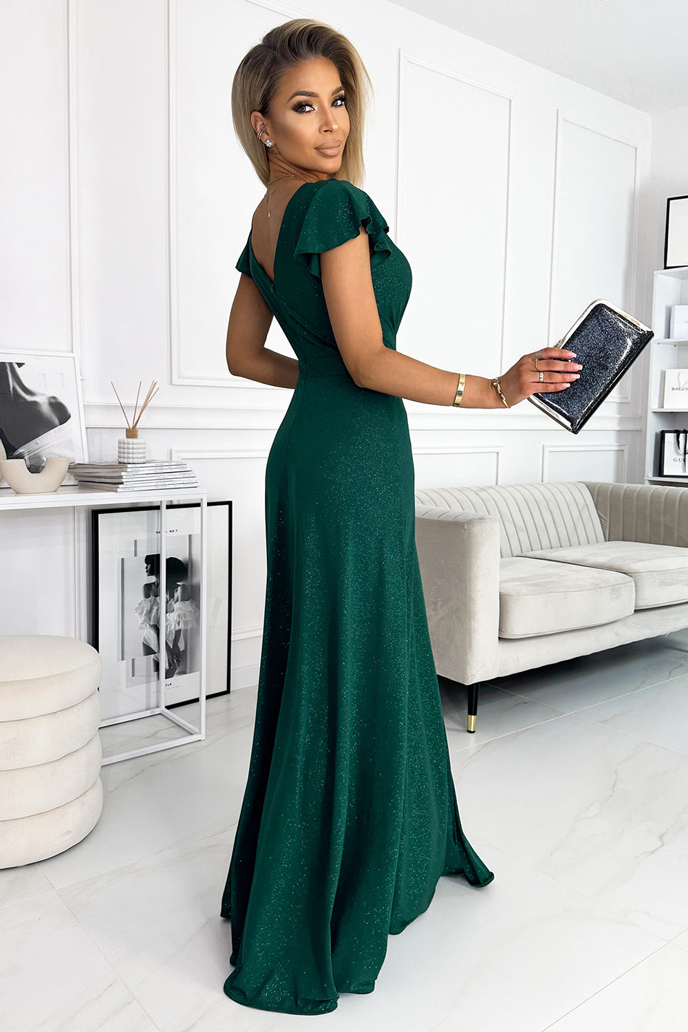 411-1 CRYSTAL long shimmering dress with a neckline - green