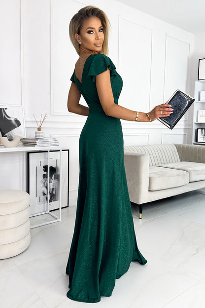 411-1 CRYSTAL long shimmering dress with a neckline - green