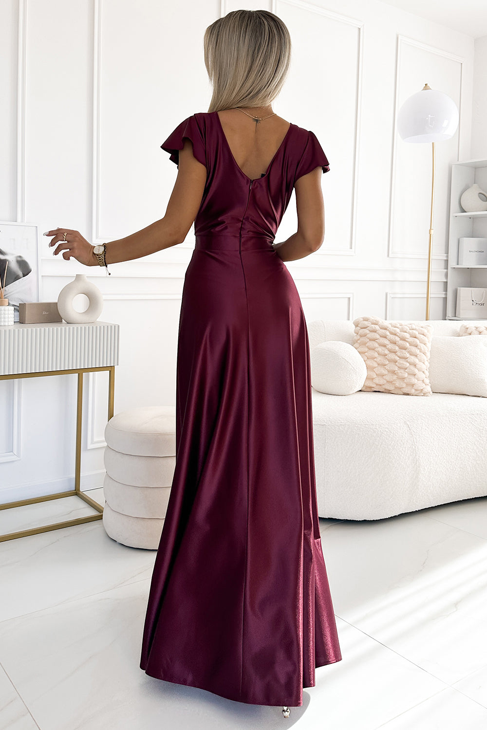 411-10 CRYSTAL satin long dress with a neckline - Burgundy color