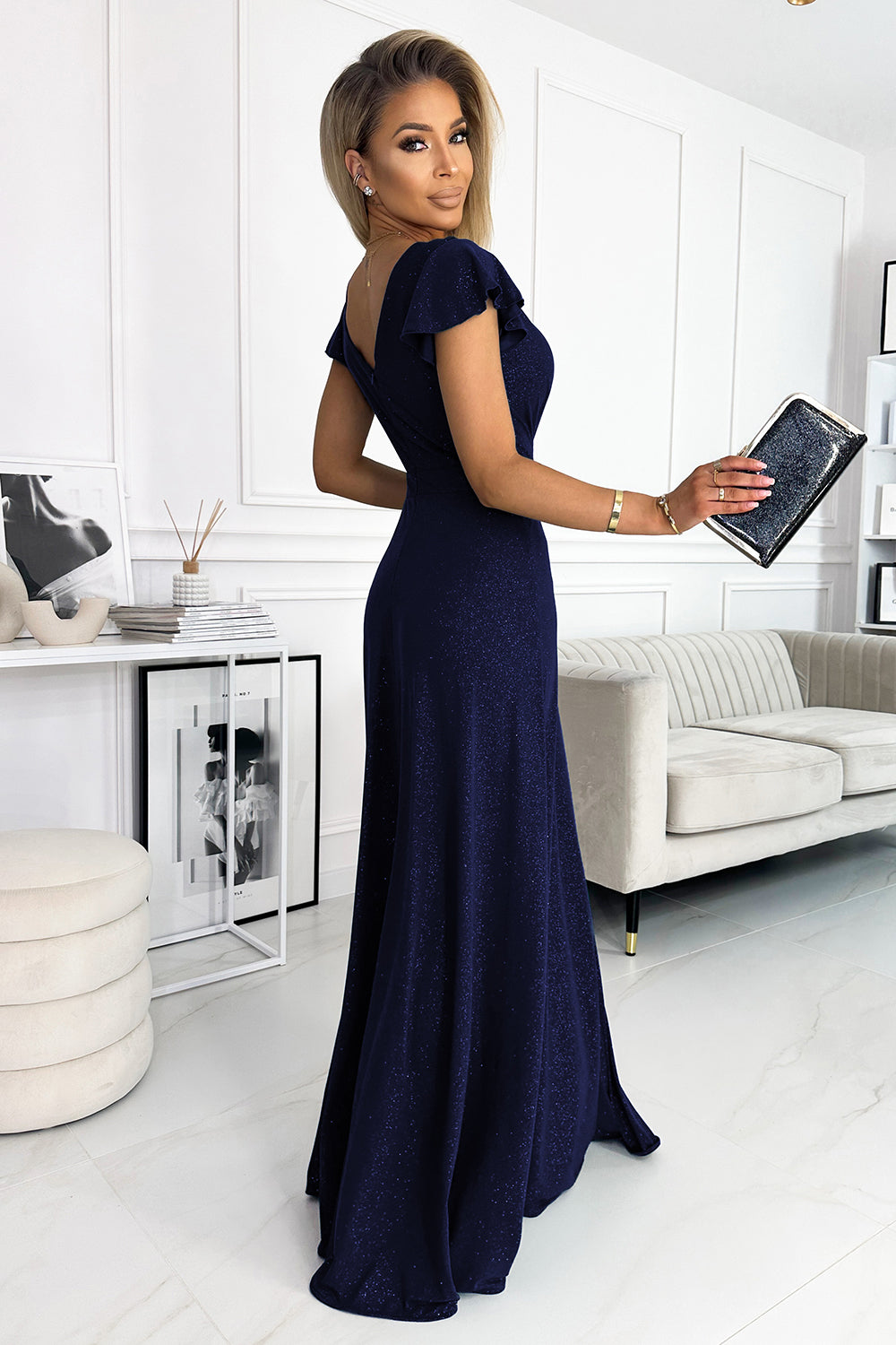 411-3 CRYSTAL long shimmering dress with a neckline - navy blue