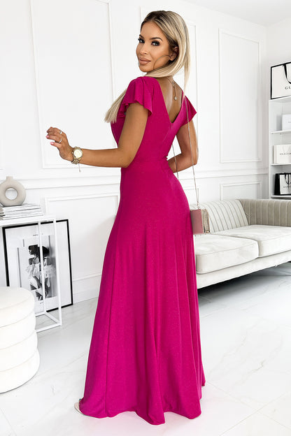 411-5 CRYSTAL long shimmering dress with a neckline - fuchsia