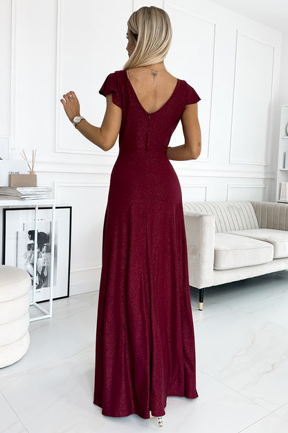 411-8 CRYSTAL long shimmering dress with a neckline - Burgundy color