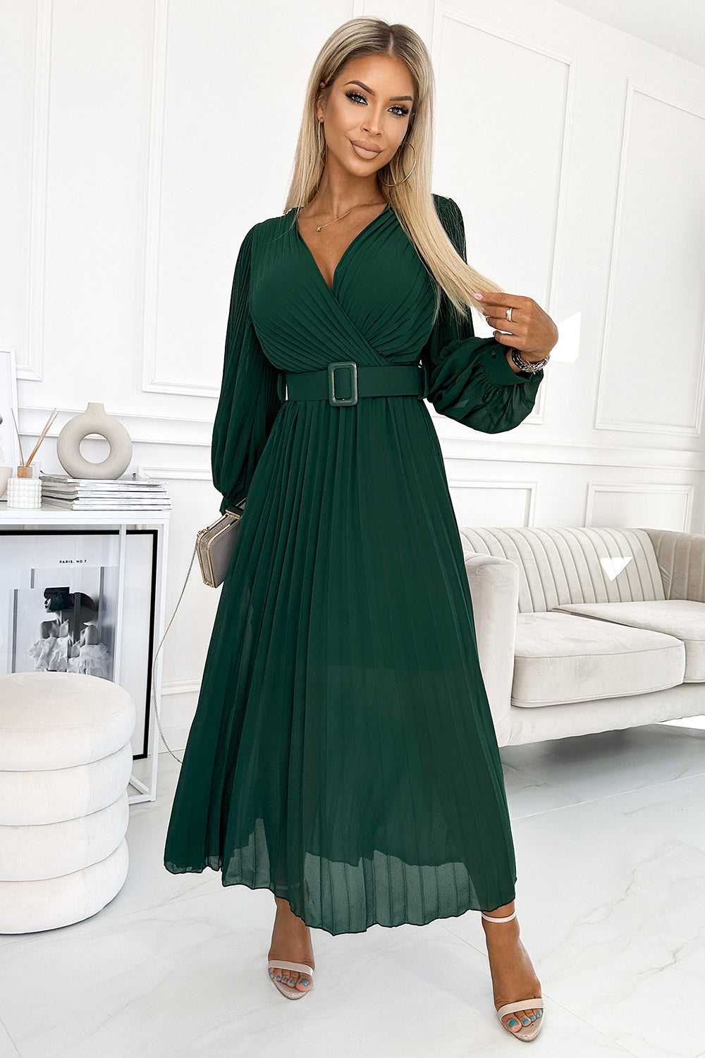 414-1 KLARA pleated dress with a belt and a neckline - bottle green