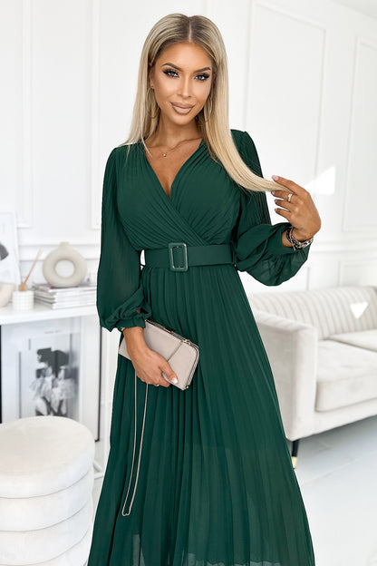 414-1 KLARA pleated dress with a belt and a neckline - bottle green