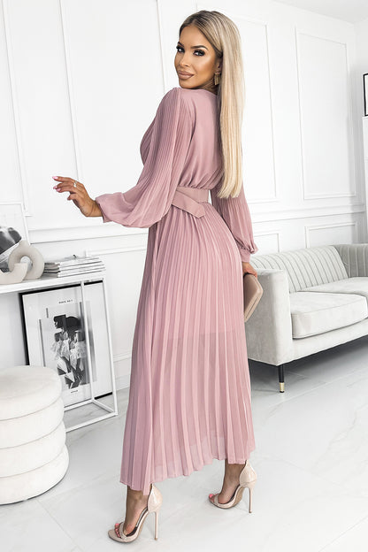 414-2 KLARA pleated dress with a belt and a neckline - powder pink