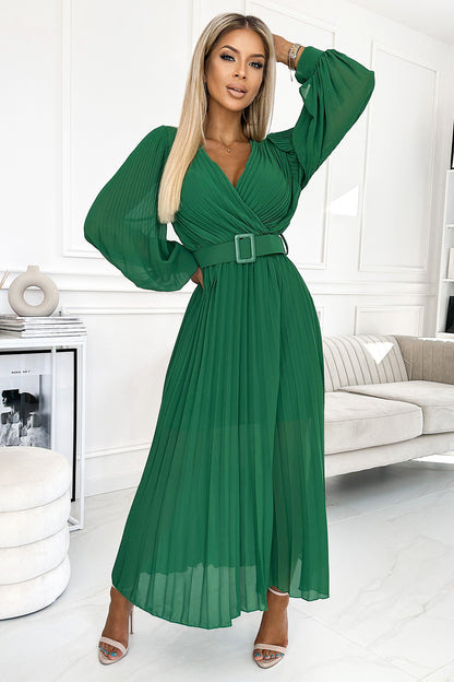 414-3 KLARA pleated dress with a belt and a neckline - green