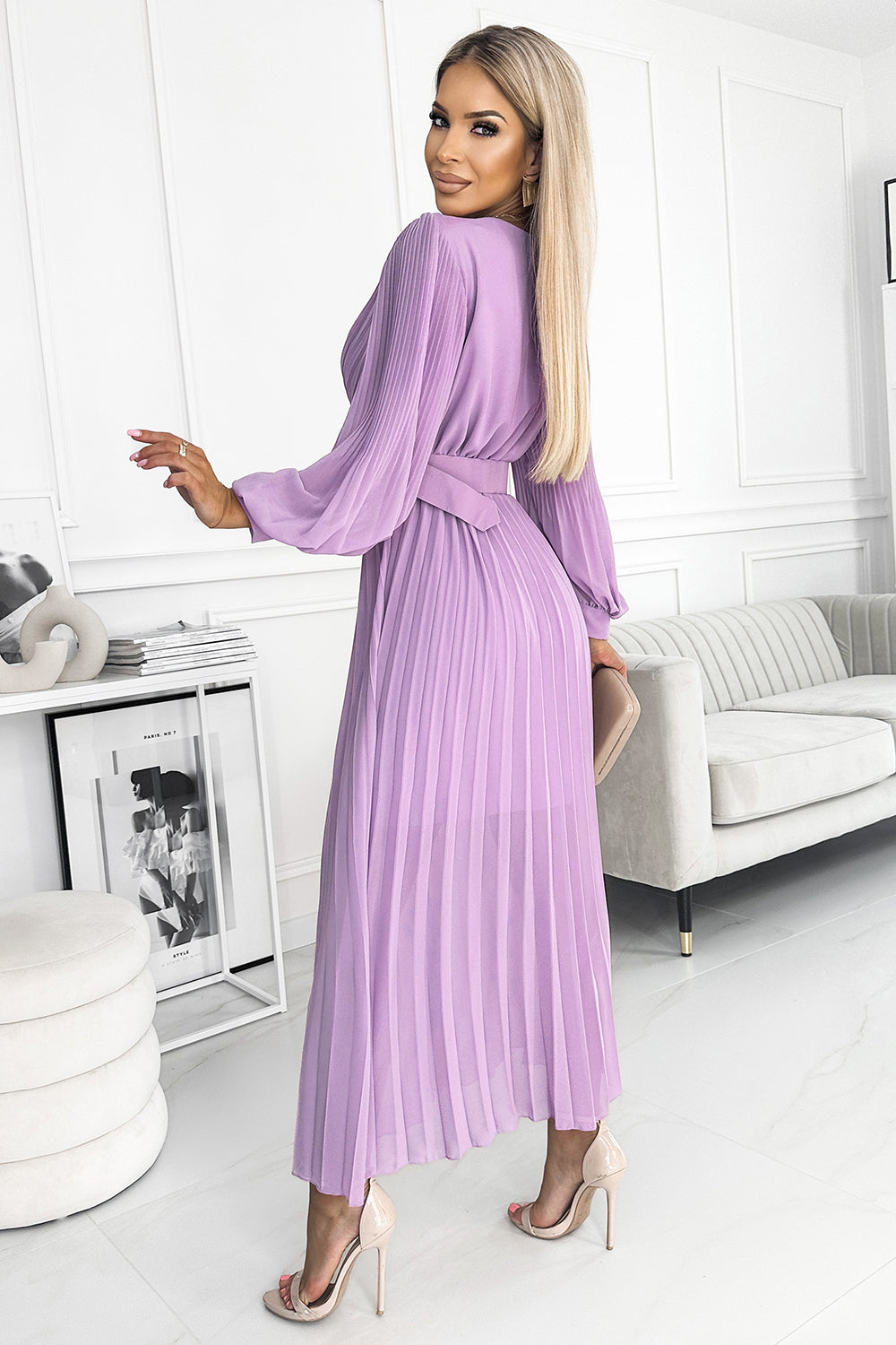 414-6 KLARA pleated dress with a belt and a neckline - lilac color