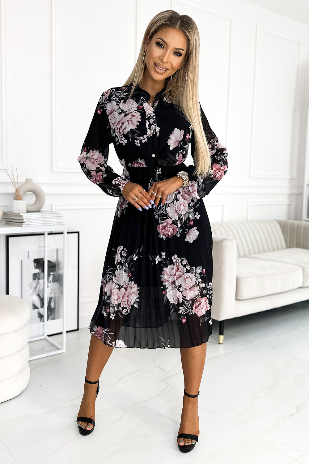 449-3 CARLA Pleated midi dress with buttons and long sleeves - roses on a black background