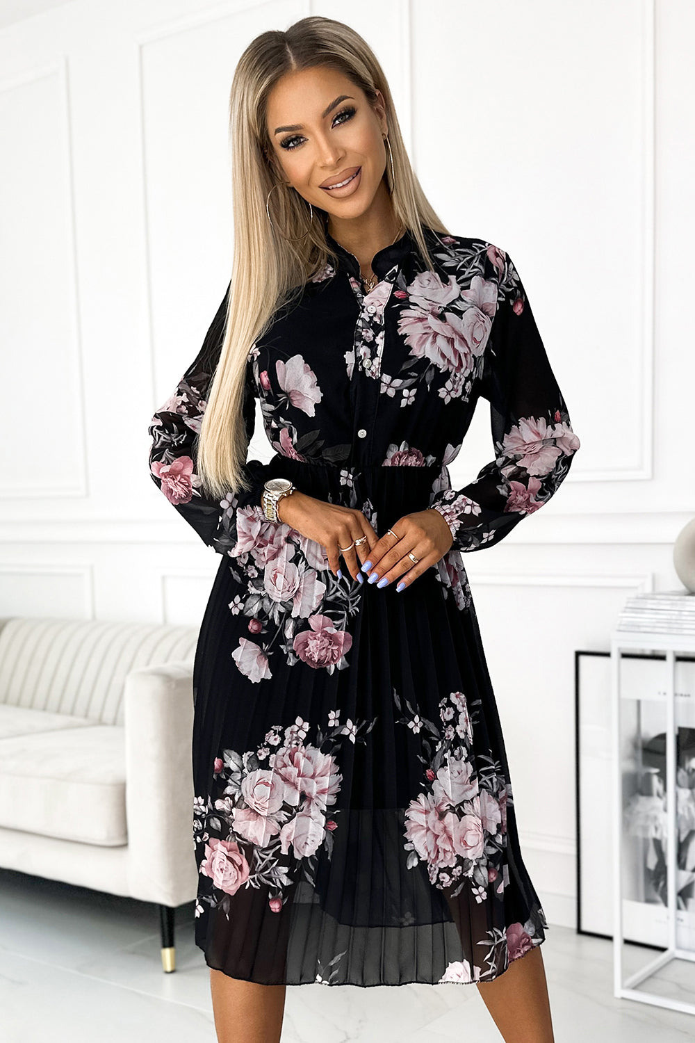 449-3 CARLA Pleated midi dress with buttons and long sleeves - roses on a black background