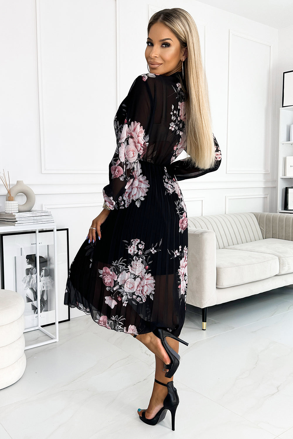 449-3 CARLA Pleated midi dress with buttons and long sleeves - roses on a black background