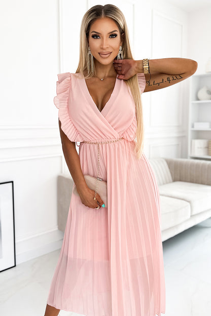 470-1 GIORGIA Pleated dress with frills, neckline and gold chain - peach