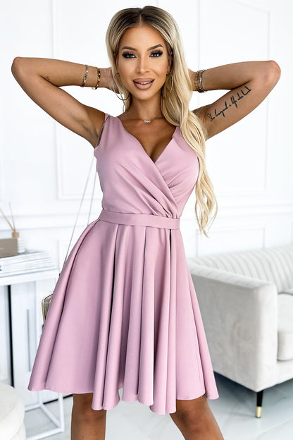 478-2 MAYA Dress with longer back, neckline and belt - dirty pink