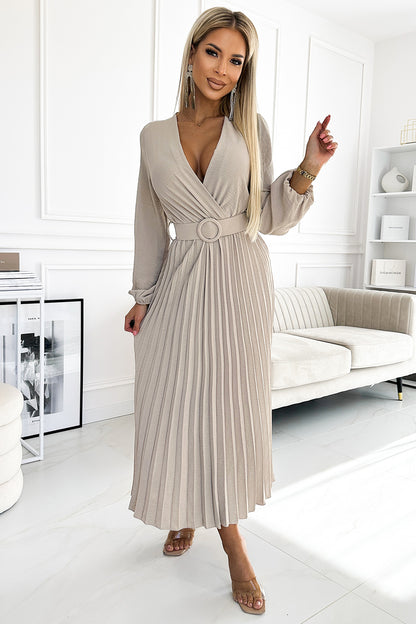 504-2 VIVIANA Pleated midi dress with a neckline, long sleeves and a wide belt - beige colour