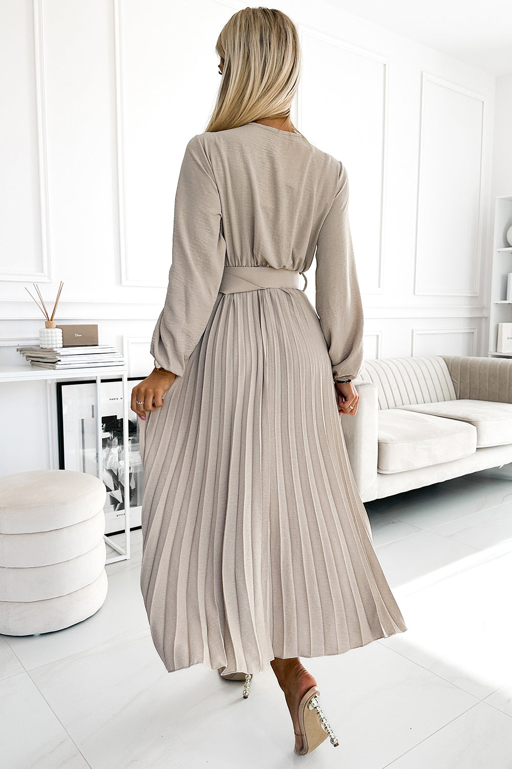 504-2 VIVIANA Pleated midi dress with a neckline, long sleeves and a wide belt - beige colour