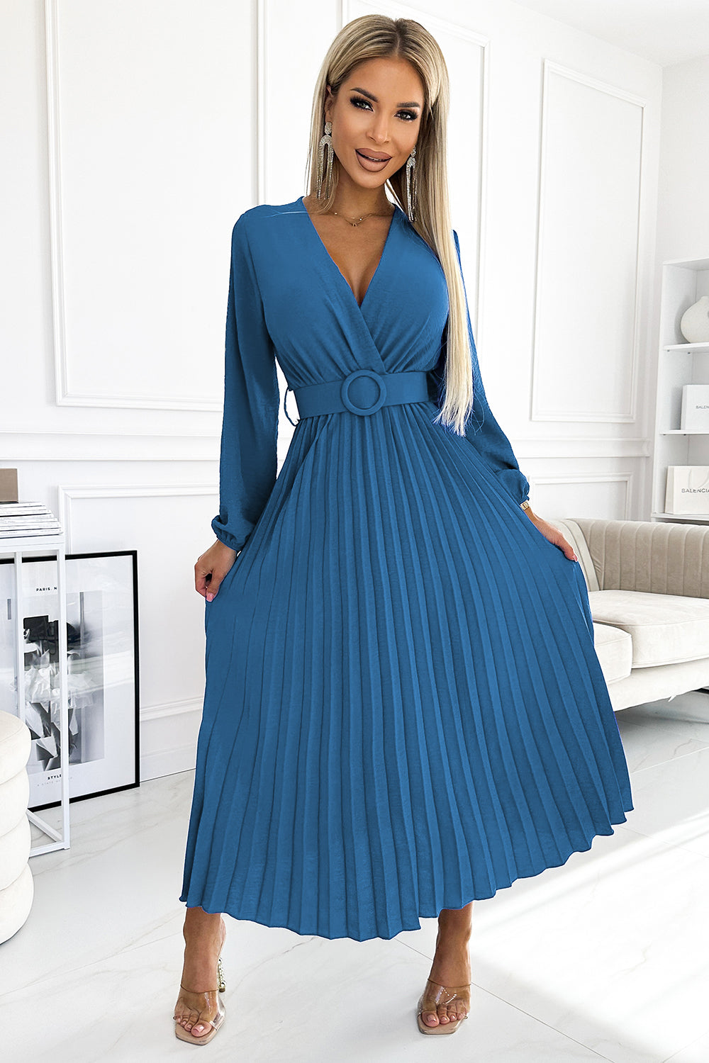 504-5 VIVIANA Pleated midi dress with a neckline, long sleeves and a wide belt - JEANS