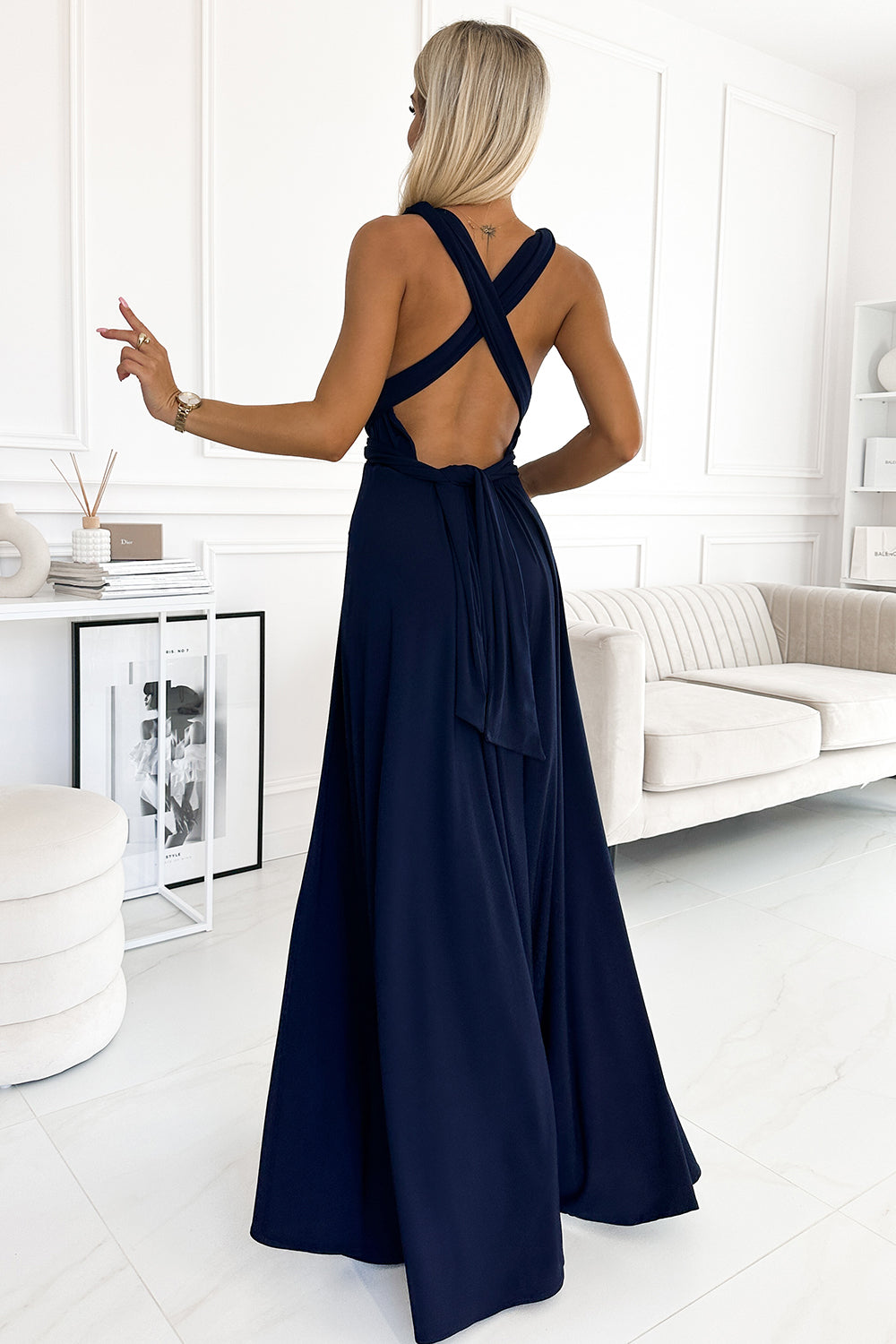 509-1 Elegant long dress tied in many ways - navy blue