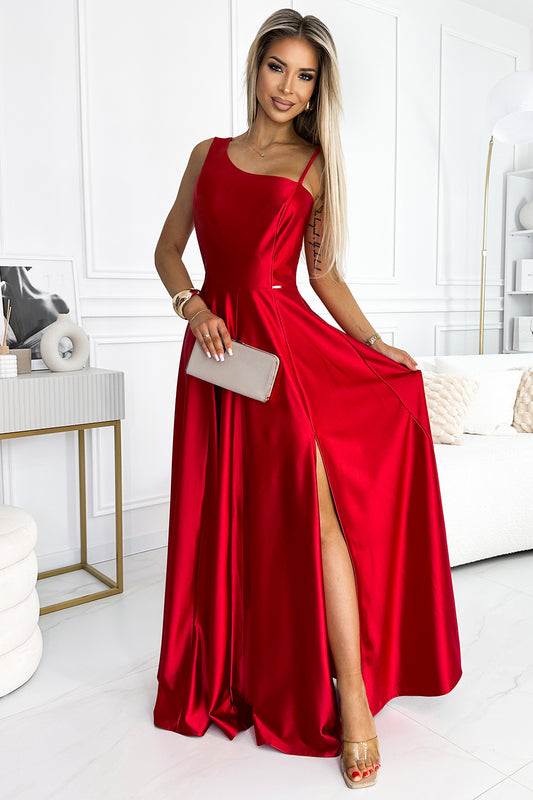 524-1 Long elegant satin one-shoulder dress - red